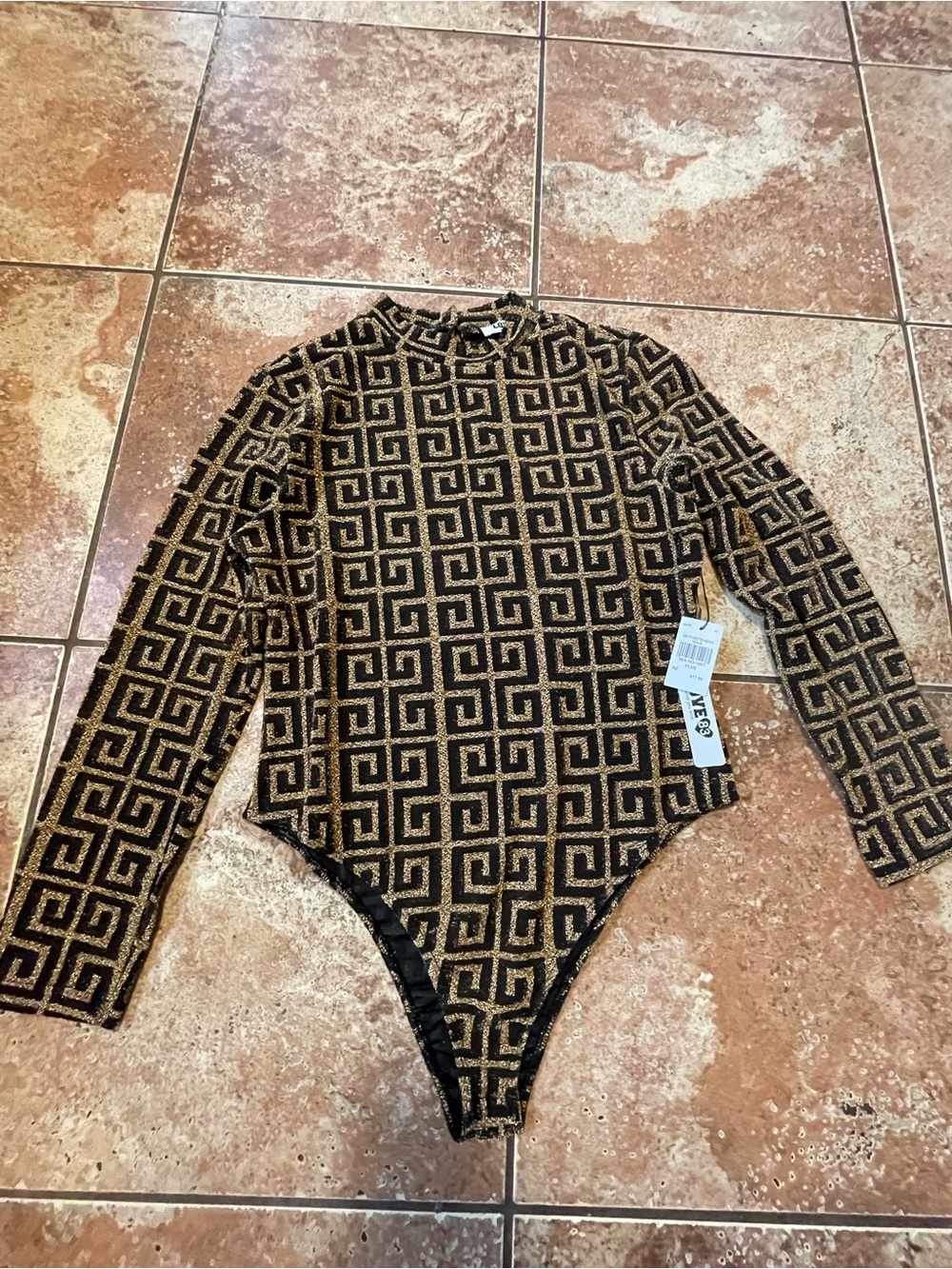 LOVE83 Women’s Plus Bodysuit Long Sleeve Geometric One Piece Black Gold:size 1XL